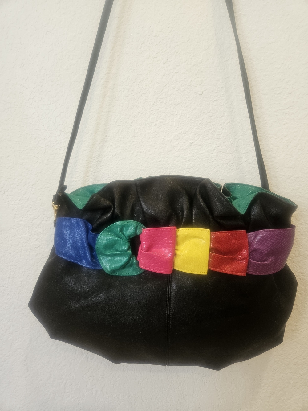 Vintage 1980s Euro Fashion Colorblock Slouchy Leather Handbag Black Multi 80s